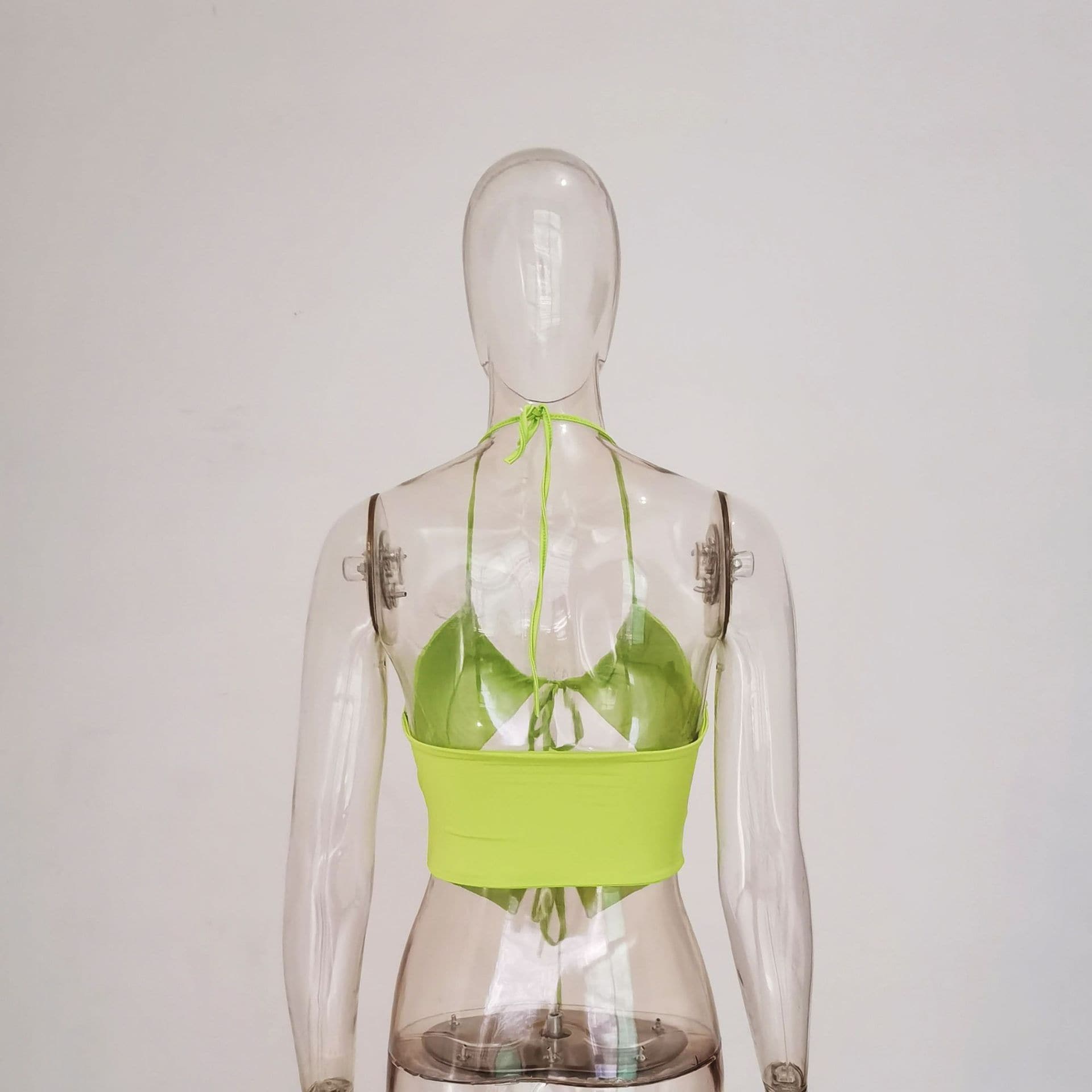 Double layered halter drawstring hollow out ruched solid crop cut out top