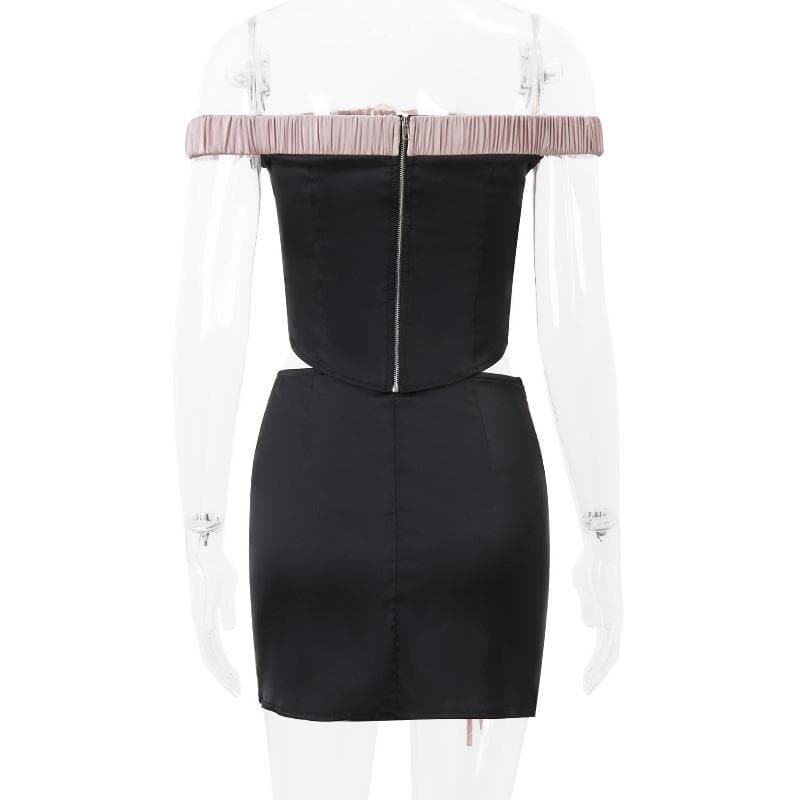 Off shoulder self tie flower applique zip-up button mini skirt set