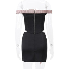Off shoulder self tie flower applique zip-up button mini skirt set