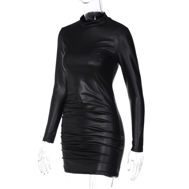 Ruched solid long sleeve high neck mini dress  | red tango dress