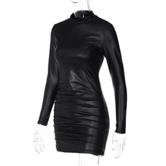 Ruched solid long sleeve high neck mini dress  | red tango dress