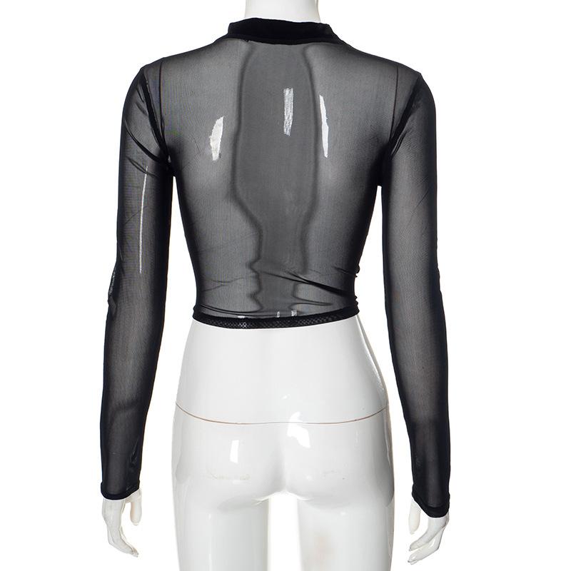 High neck mesh velvet patchwork long sleeve crop top