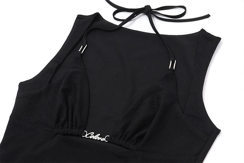 Halter metal letter hollow out cut out mini dress