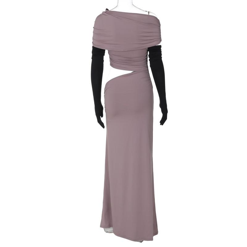 One shoulder gloves ruched hollow out maxi dress