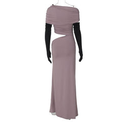 One shoulder gloves ruched hollow out maxi dress