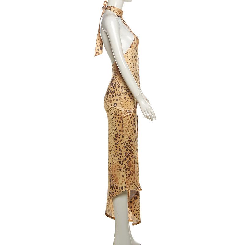 Leopard print halter self tie irregular backless maxi dress