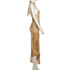Leopard print halter self tie irregular backless maxi dress