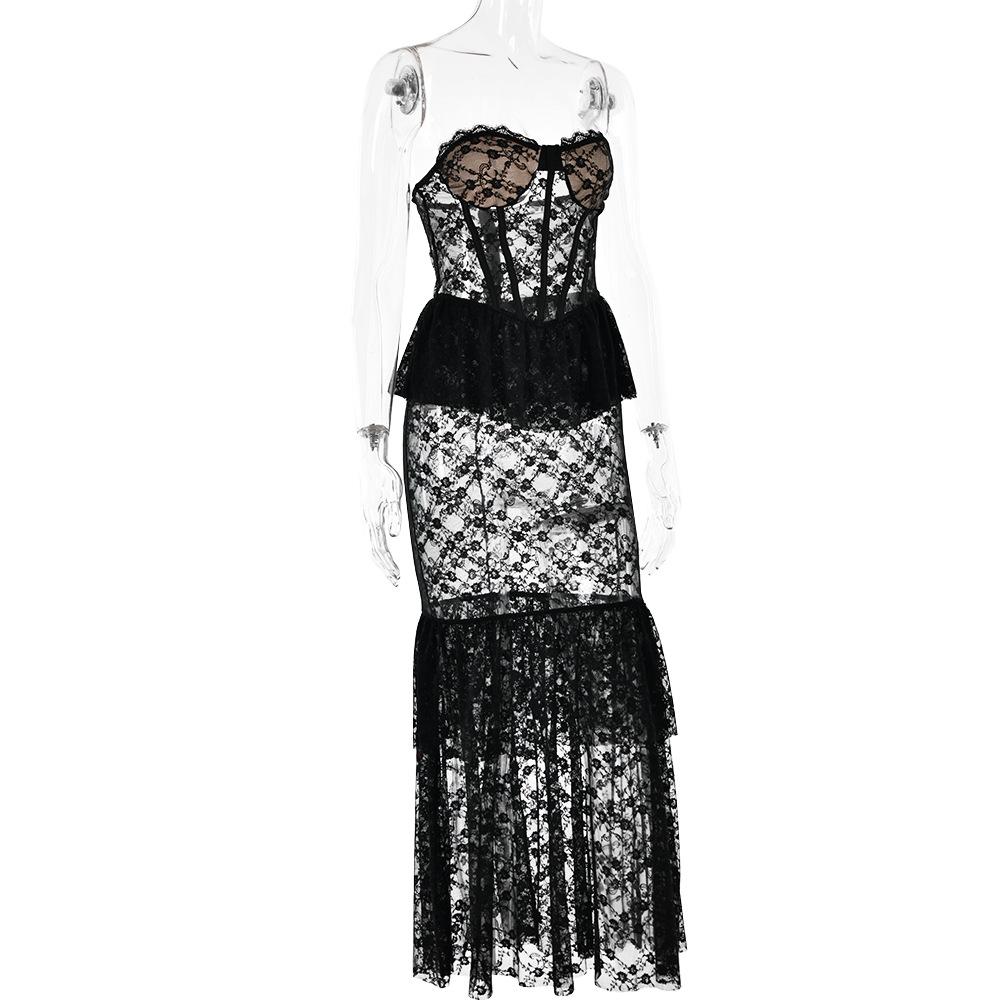 Sweetheart neck lace see through bustier ruched tube maxi dress  | red tango dress