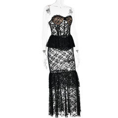 Sweetheart neck lace see through bustier ruched tube maxi dress  | red tango dress
