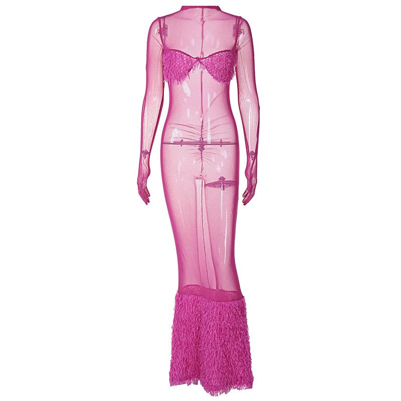 Long sleeve gloves high neck feather mesh see through maxi dress  | red tango dress