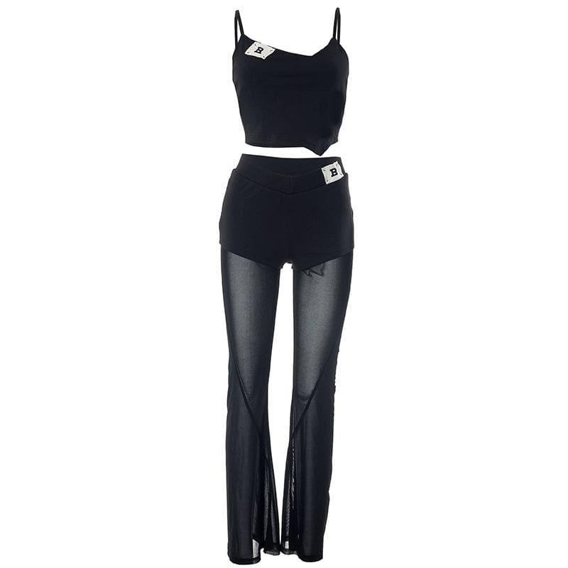 Mesh patchwork letter pattern cami pant set