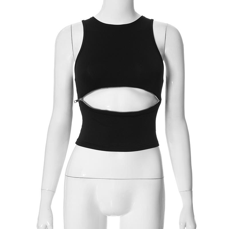 Crewneck zip-up hollow out solid tank top