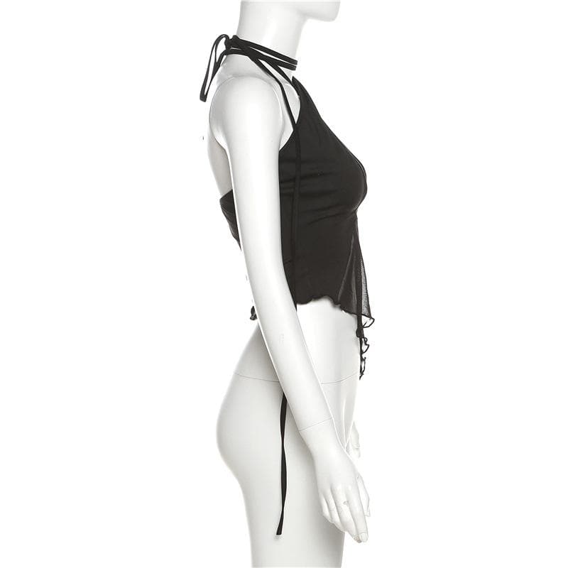 Halter mesh ruffle irregular backless top