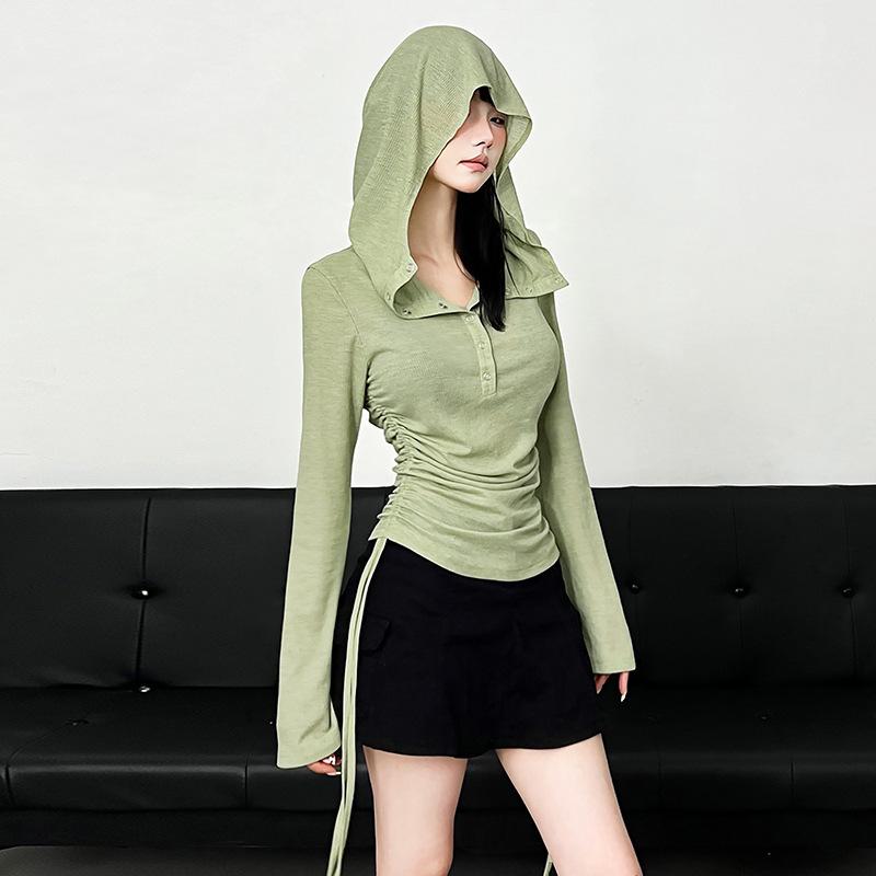 Hoodie long sleeve button drawstring ruched top