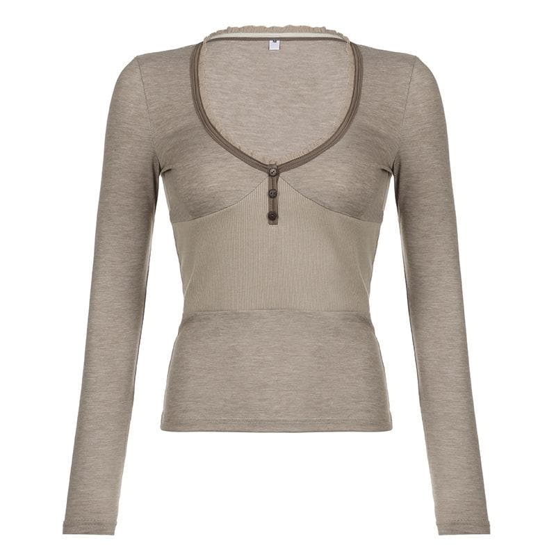 Ribbed button v neck lace hem long sleeve top