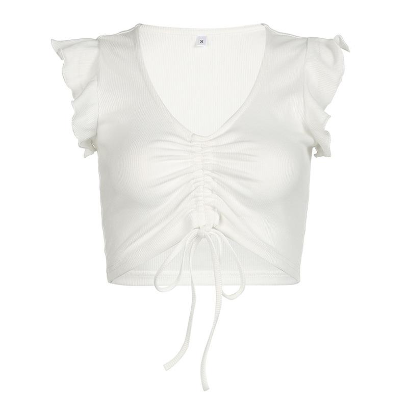 Cap sleeve drawstring ruched ribbed crop top