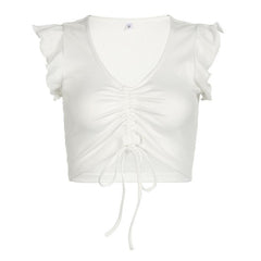 Cap sleeve drawstring ruched ribbed crop top
