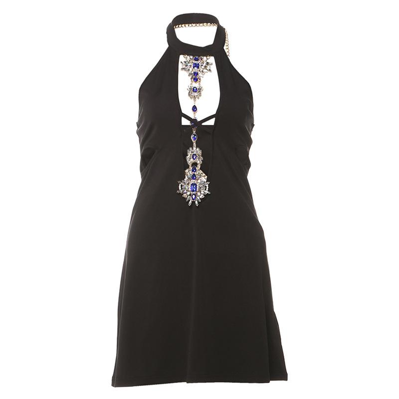 Halter hollow out metal chain gemstone pendant mini dress