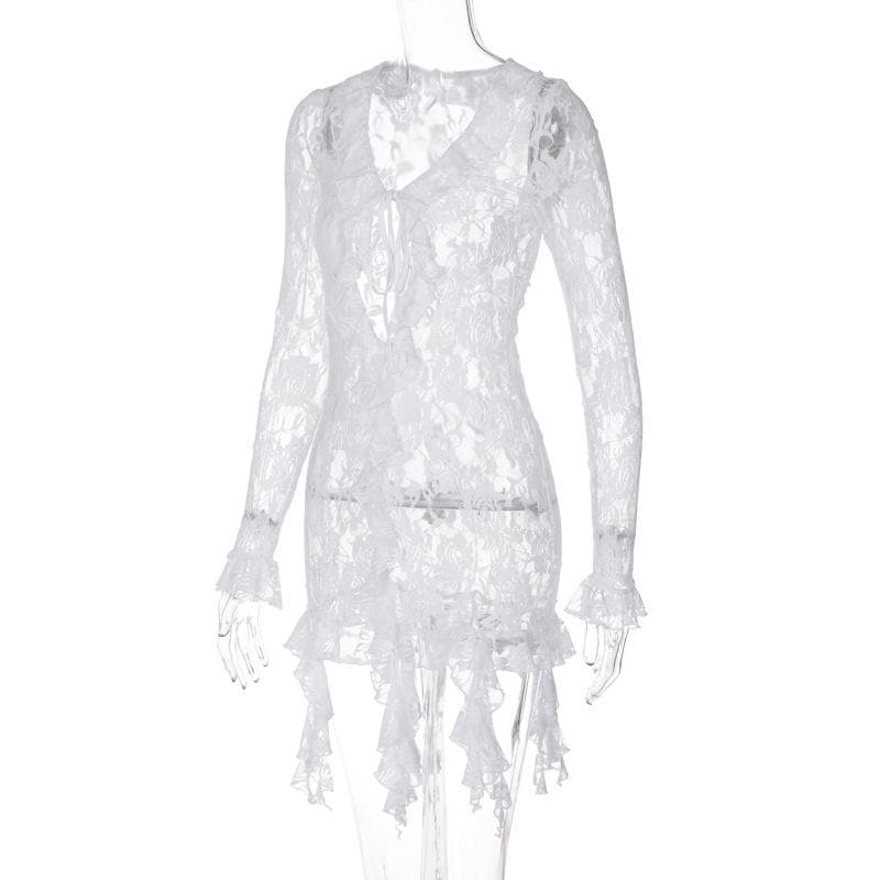 Long flared sleeve ruffle lace see through mini dress  | red tango dress