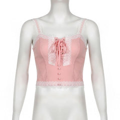 Lace up lace hem ribbed button stitch cami top
