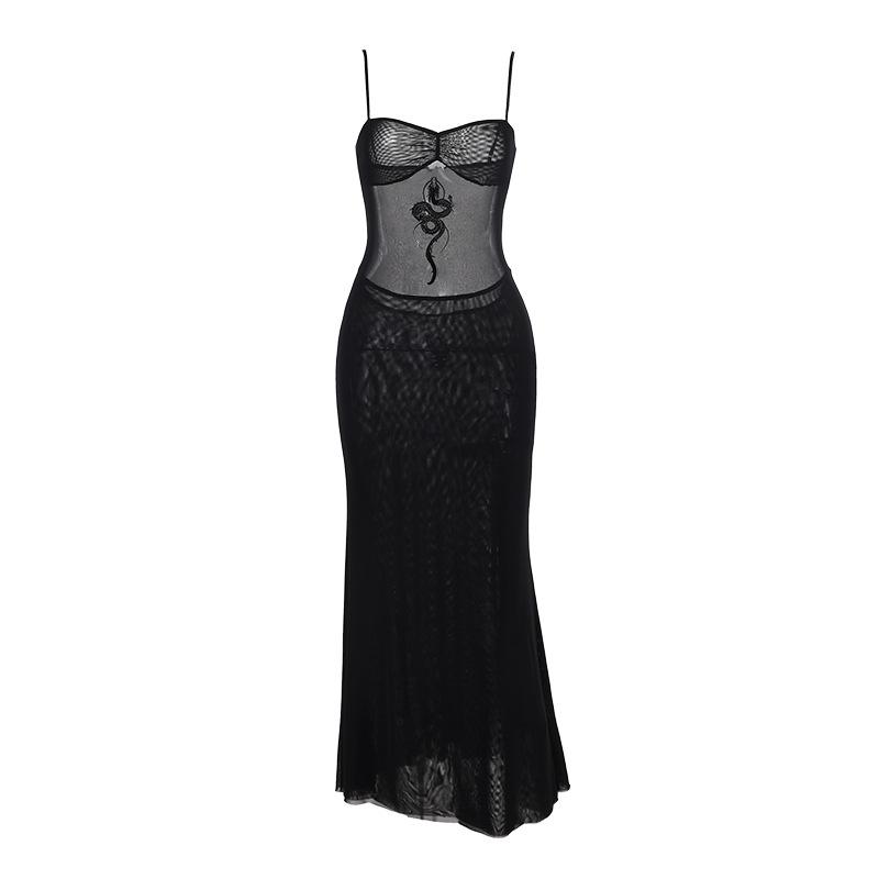 Sheer mesh dragon print ruched cami midi dress  | samba dress