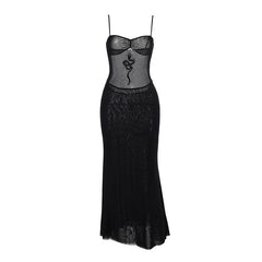 Sheer mesh dragon print ruched cami midi dress  | samba dress