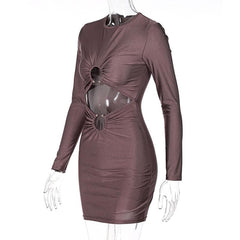 Long sleeve solid ruched o ring hollow out mini dress