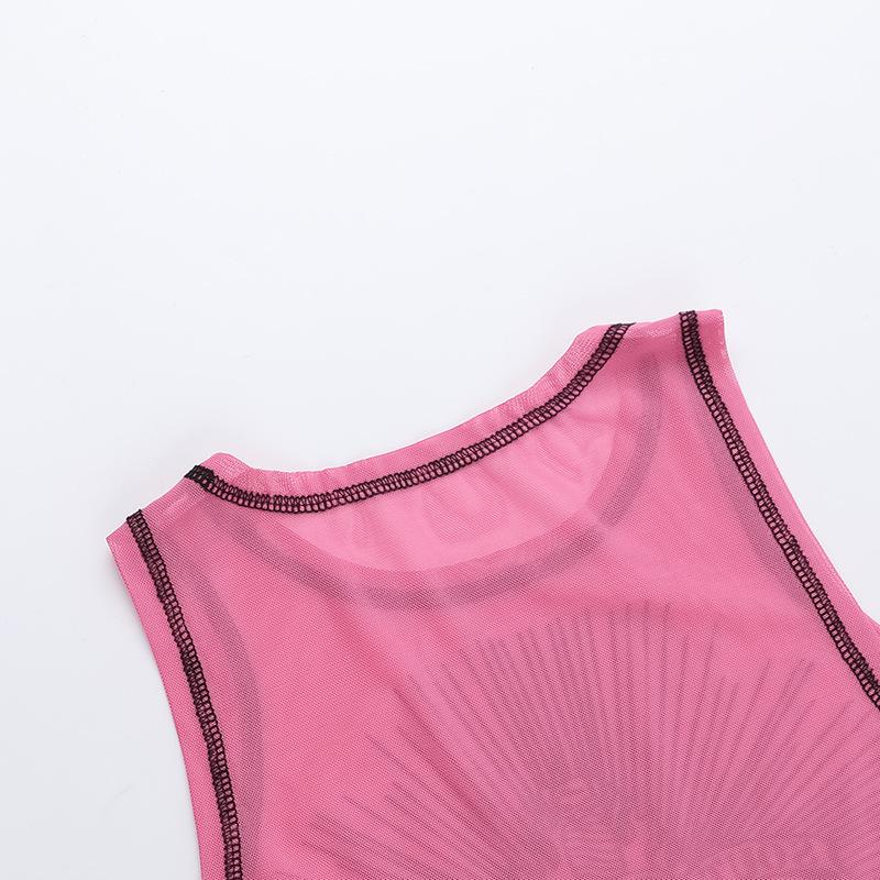 Sleeveless crewneck print sheer mesh stitch top