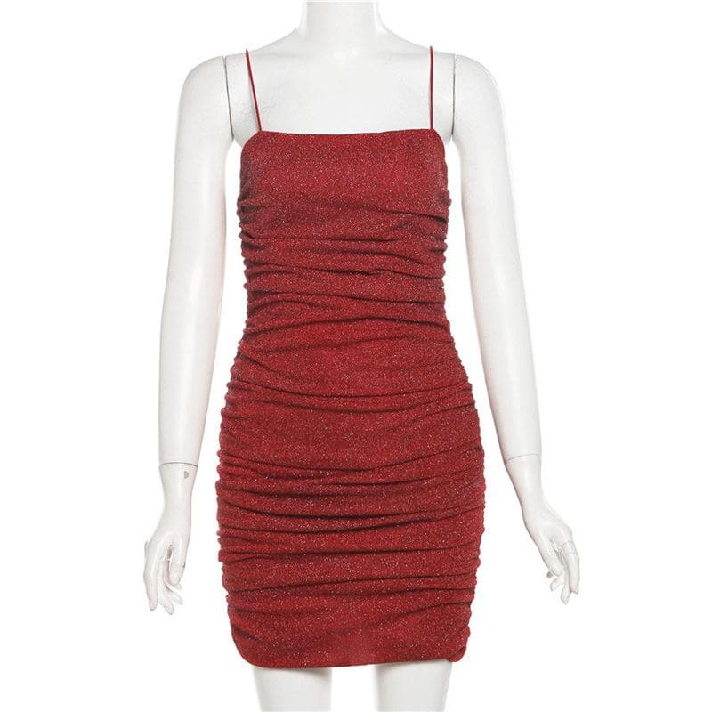 Glitter ruched backless solid cami mini dress  | red tango dress