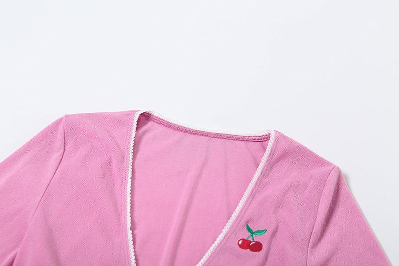 Long sleeve v neck cherry embroidery self tie pant set
