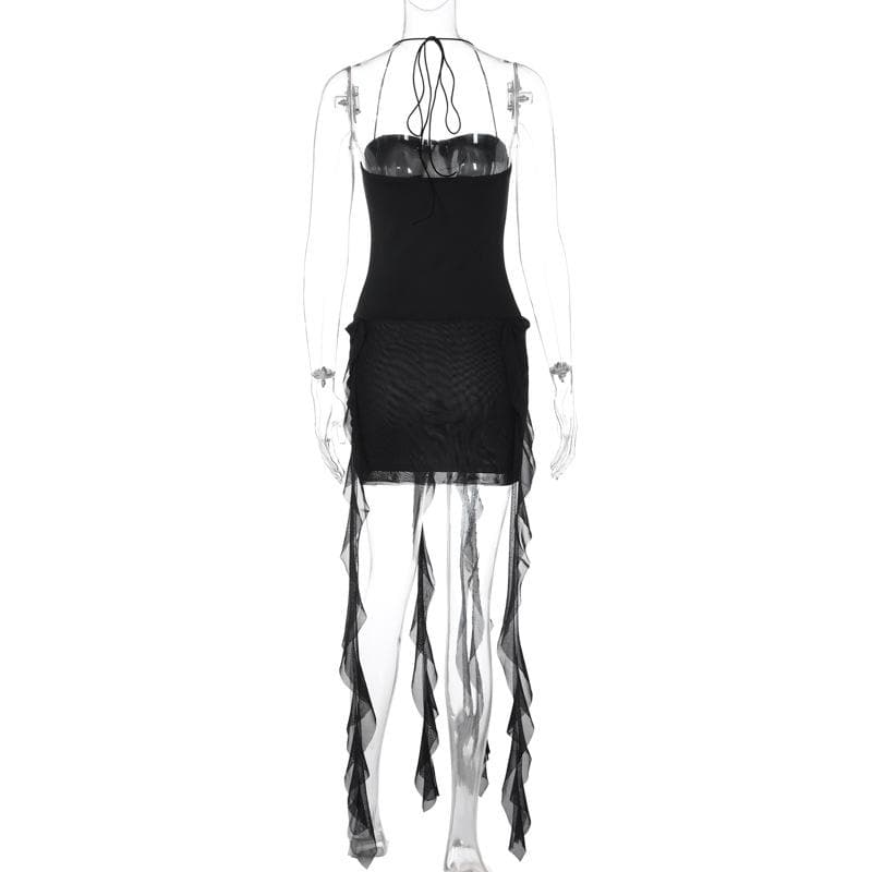 Halter ruffle sweetheart neck solid backless mini dress