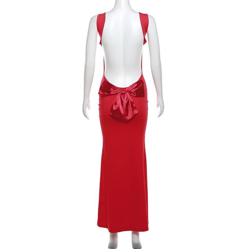 Cowl neck bowknot backless solid cami maxi dress  | red tango dress