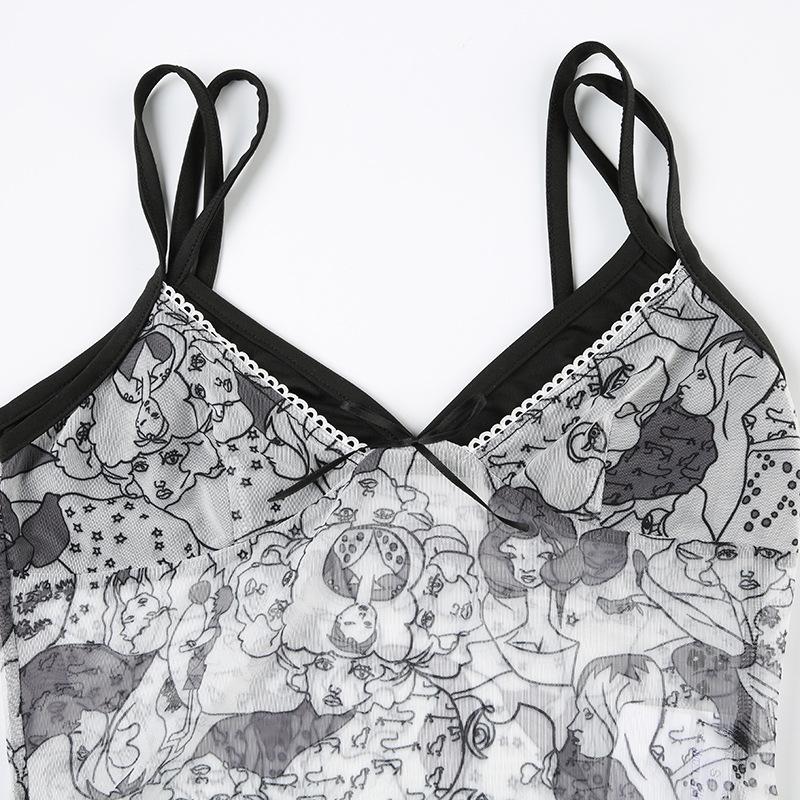 Bowknot mesh patchwork ruffle print cami top