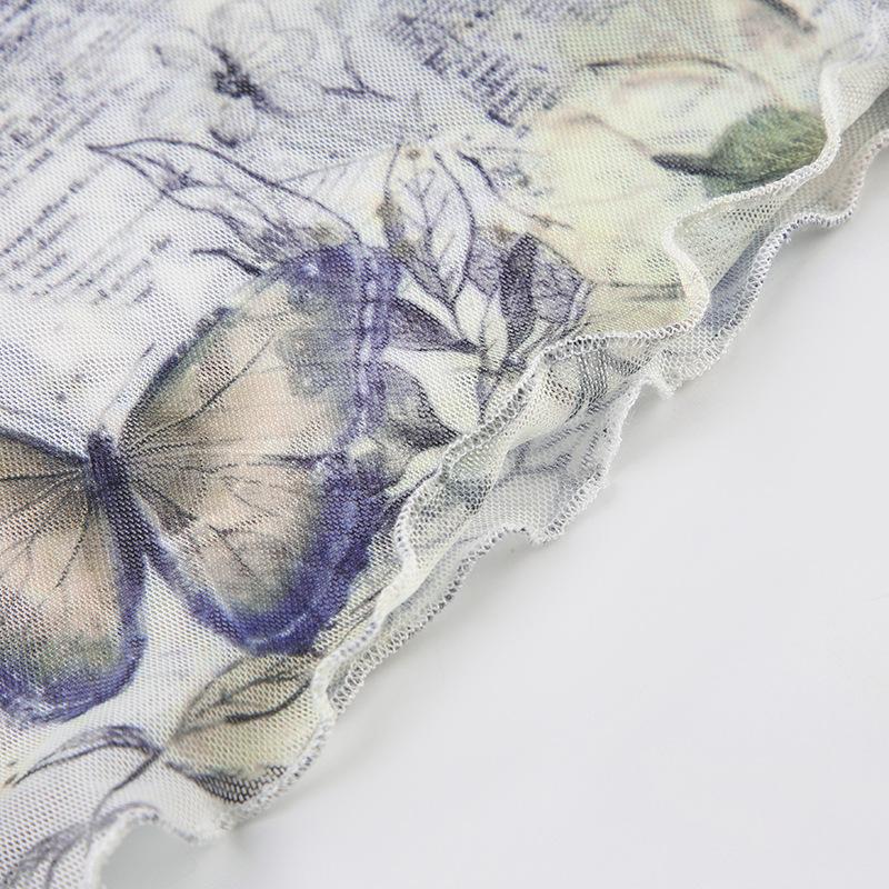 Short sleeve crewneck butterfly print sheer mesh top