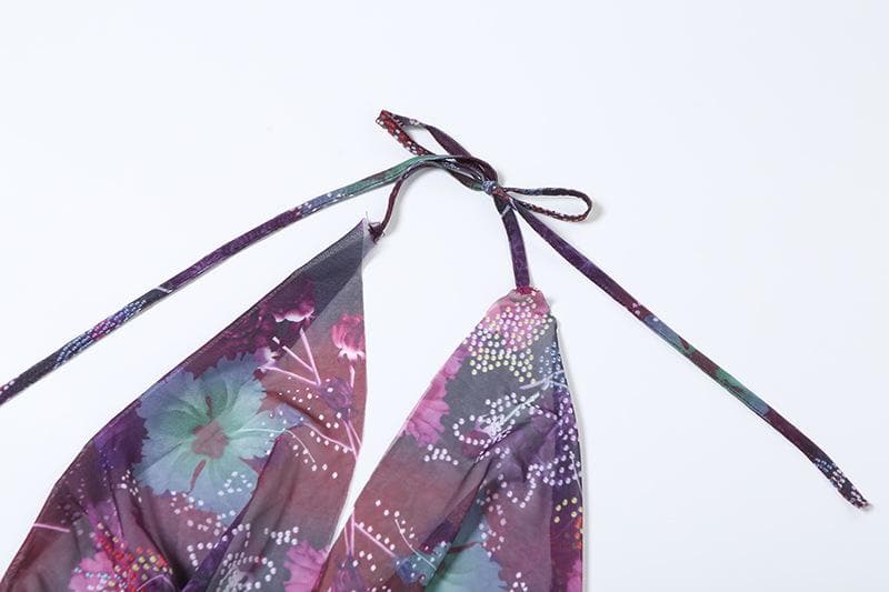 Halter cowl neck beaded sheer mesh print mini dress  | samba dress