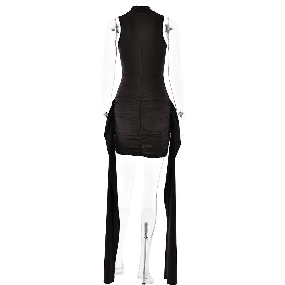 High neck ruffle ruched solid mini dress