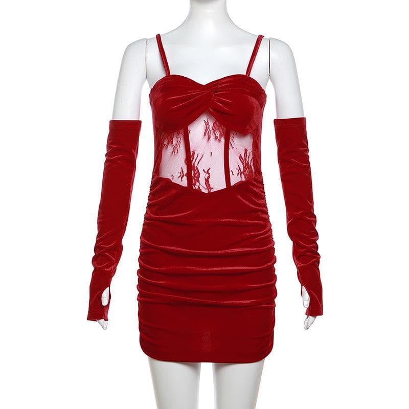 Velvet gloves ruched mesh backless cami mini dress  | red tango dress
