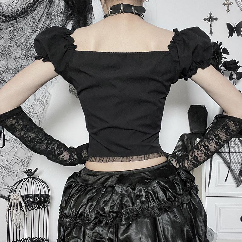 Short puff sleeve lace up self tie top