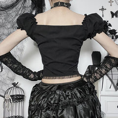 Short puff sleeve lace up self tie top