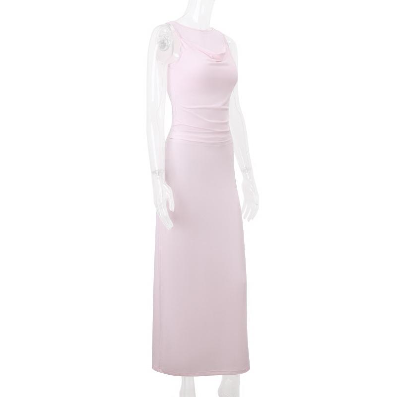 Cowl neck ruched solid tank maxi dress