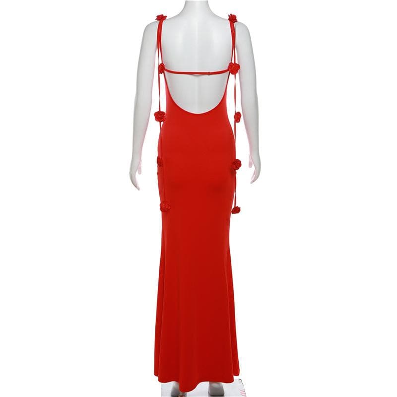 Flower applique backless solid v neck ribbon cami maxi dress  | red tango dress