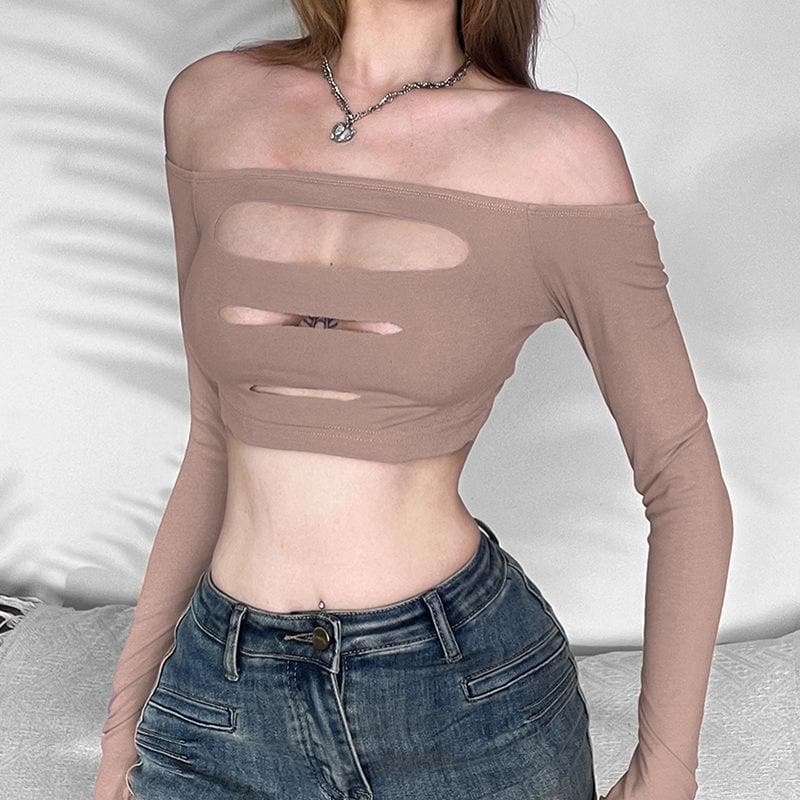 Hollow out off shoulder gloves long sleeve solid crop cut out top