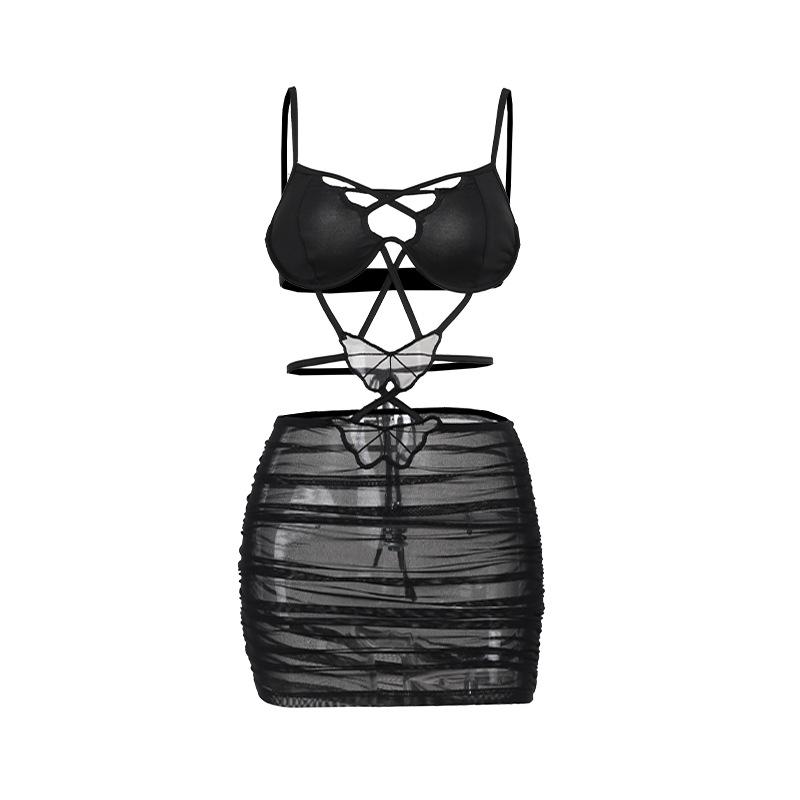 Cross front butterfly mesh hollow out cami mini dress  | black rave dress