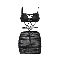 Cross front butterfly mesh hollow out cami mini dress  | black rave dress