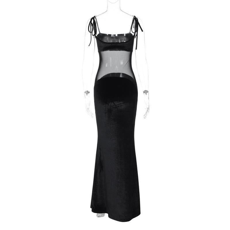 Self tie mesh patchwork backless velvet solid cami maxi dress