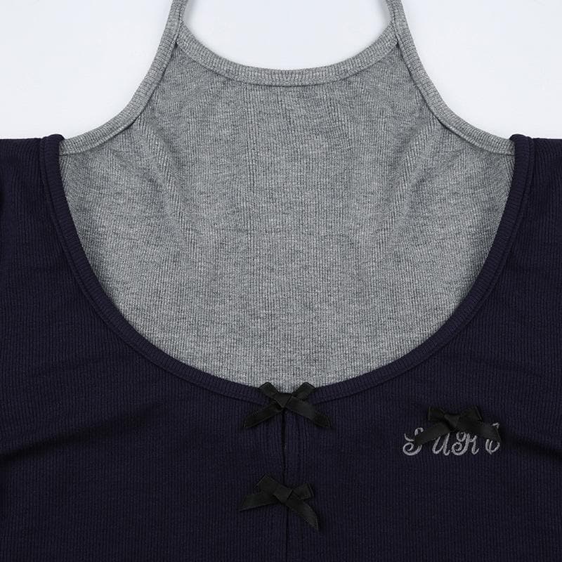 Bowknot contrast patchwork long sleeve halter top