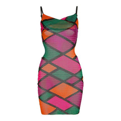 Hollow out sheer mesh see through print contrast cami dress  | samba dress