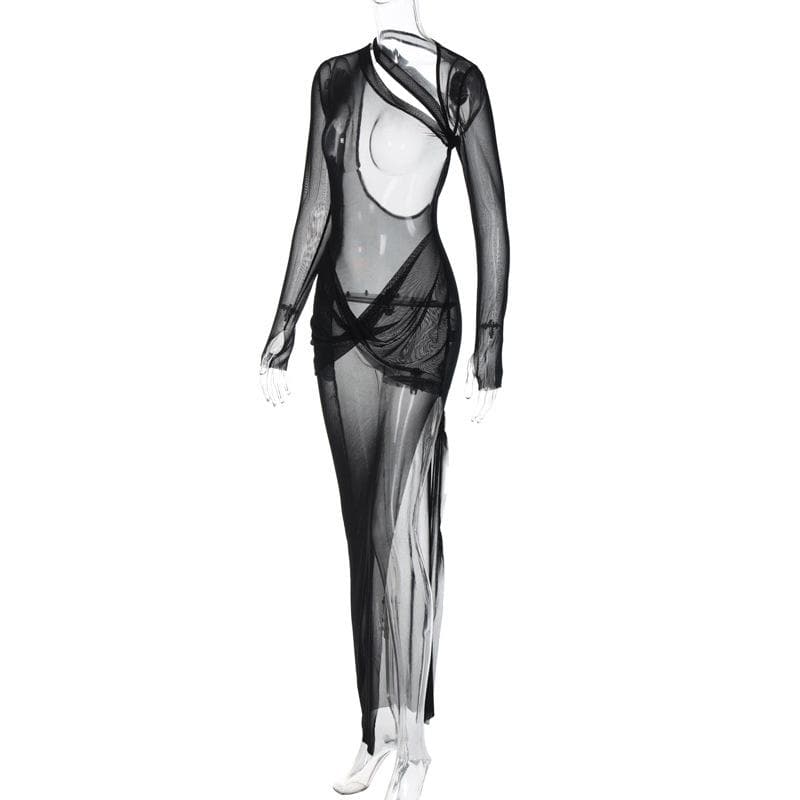Sheer mesh long sleeve irregular backless see through slit maxi dress  | samba dress