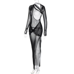 Sheer mesh long sleeve irregular backless see through slit maxi dress  | samba dress