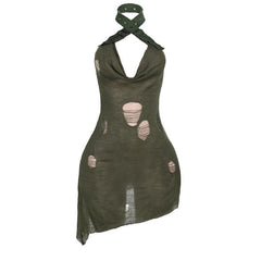 Halter cowl neck knitted buckle see through mini dress